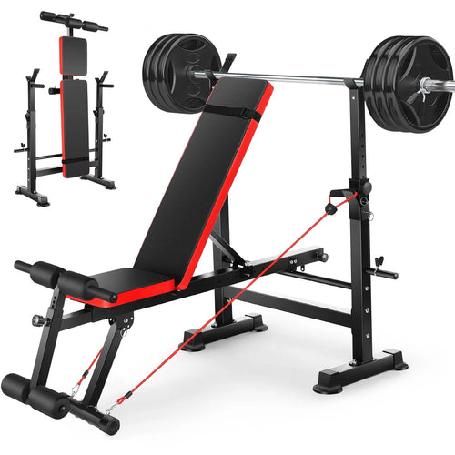 6-In-1 Adjustable Weight Bench Set Bench Press with Squat Barbell Rack/Removable Foot Catch/Rowing Set Ideal for Incline, Flat, Decline, and Sit up Full Body Exercise Equipment